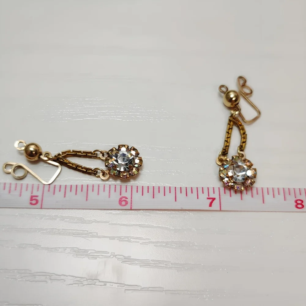 Vintage AB Aurora Borealis Gold tone Slide on Halo Chandelier Drop Earrings - Picture 6 of 7